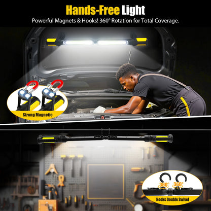 Dual Magnetic Work Lights 2 in 1, 2400LM Rechargeable Underhood Light,360° Rotation with Hooks for Car Repair, Garage, Emergency