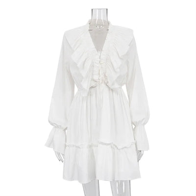 Tossy Ruffled V-Neck White Mini Dress Female Patchwork Long Sleeve Elegant Bandage Fashion Dress High Waist Lace-Up Women Dress - Smarsty