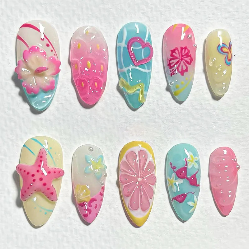 Colorful Press On Almond Nails Set with Pearl Flowers - Smarsty