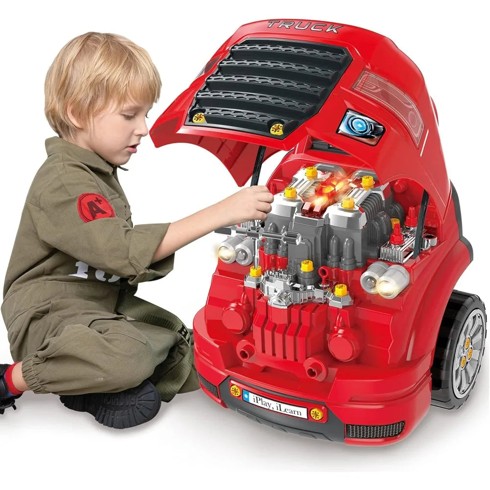 Large Truck Engine Toy, Kids Mechanic Repair Set for 3-5 Yr Toddlers, Big Car Service Station, Gifts 4 6 7 8 Year Old Boy Child