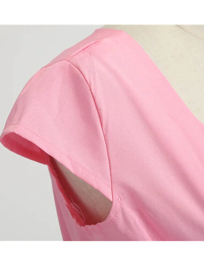 Pink Summer Dress Women V Neck Vintage Robe Elegant Retro pin up Party Office Midi Dresses - Smarsty