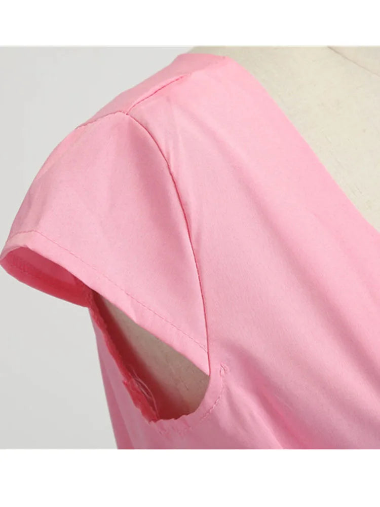 Pink Summer Dress Women V Neck Vintage Robe Elegant Retro pin up Party Office Midi Dresses - Smarsty