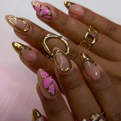 24Pcs Pink Almond False Nails with French Design - Smarsty