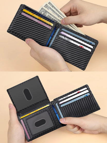RFID Blocking Ultra-thinTrifold Wallet Carbon Fiber Pattern Portable Credit Card Holder,with2 ID Windows and Multiple Card Slots - Smarsty