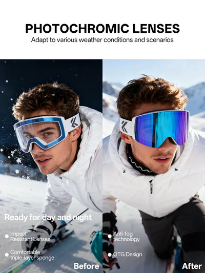 Kapvoe Photochromic Ski Goggles Magnetic Anti-Fog Lenses UV400 Protection Men Women Ski Goggles Snow Sunglasses Sports Eyewear