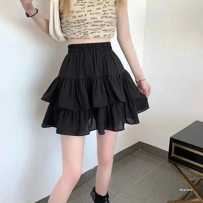 Pleated A-line Skirt White Women Ruffles Sweet Hottie Preppy Style Elastic Elastic Waist Slim Thin SimpleCasual Summer Wholesale - Smarsty