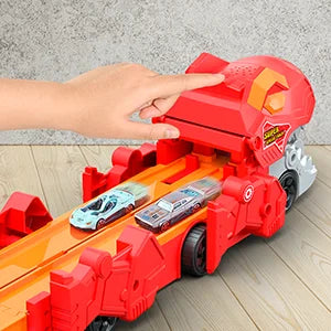 Dinosaur 3-In-1 Transport Truck Car Toys for Boys Age 3+ 8 Race Cars Ejection Folding Portable Track Toy with Sound for Kids
