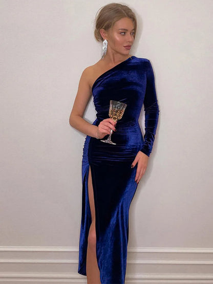 Women Elegant Long Sleeve Party Evening Velvet Bodycon Split Pencil Midi Dress Spring Autumn Clothes - Smarsty