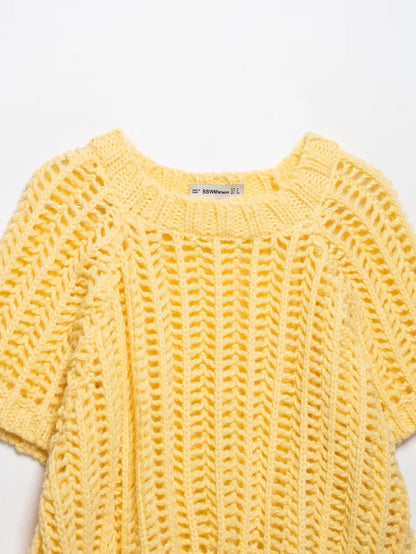 Hollow Out Knit Pullover Women Casual Round Neck Lace Up Bow Sweater Female Autumn Short Sleeves Solid Knitwears Lady - Smarsty