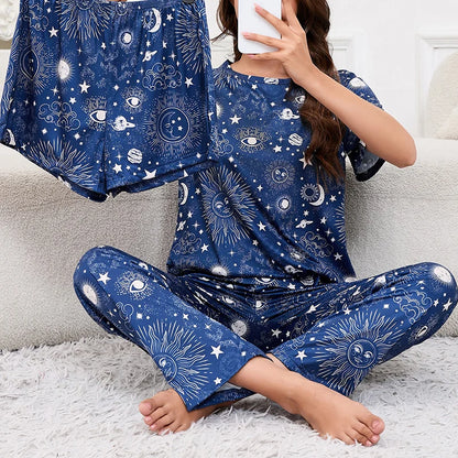 Women's Short Sleeve Crew Neck Top With Shorts And Pants 3 Piece Loungewear Sleepwear Lounge Sets Nighty Print Casual Pajama Set - Smarsty