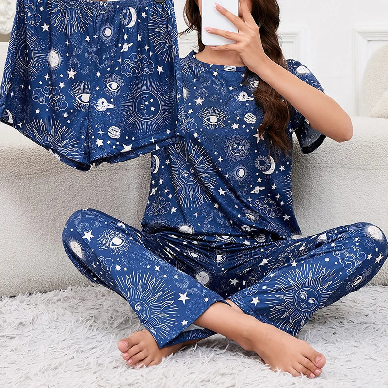 Women's Short Sleeve Crew Neck Top With Shorts And Pants 3 Piece Loungewear Sleepwear Lounge Sets Nighty Print Casual Pajama Set - Smarsty