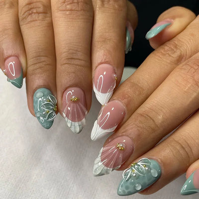 Colorful Press On Almond Nails Set with Pearl Flowers - Smarsty