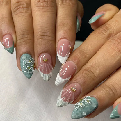 Colorful Press On Almond Nails Set with Pearl Flowers - Smarsty