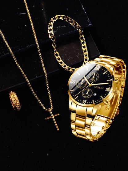 Gold Alloy Men's Quartz Watch and Cross Jewelry Set - Smarsty