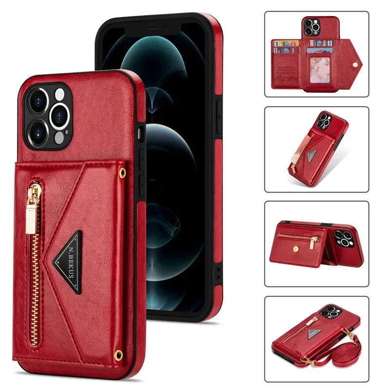 Red phone case with multiple features and views on a white background