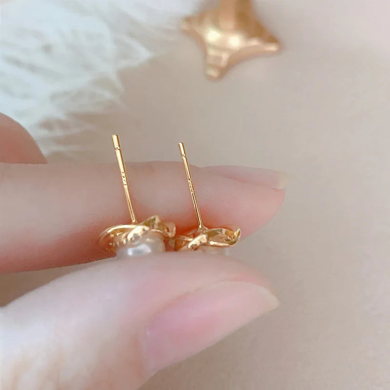14K Gold Luxury Earrings With Zircon Pearl Twist Design - Smarsty