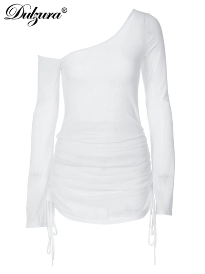 Dulzura Solid Skew Collar Ruched Straps Lace-Up See Through Draw String Mini Dress 2023 Summer  Women Party Clubwear Wholesale - Smarsty