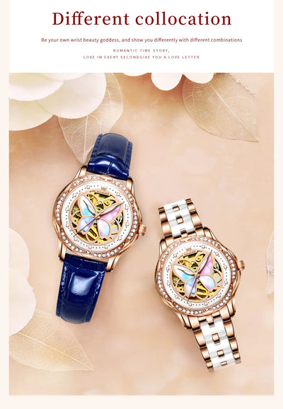 OLEVS 6615 Womens Watch Original Bezel Ceramic Mechanical Automatic Wristwatch Waterproof Luminous Ladies Watch Butterfly Dial - Smarsty