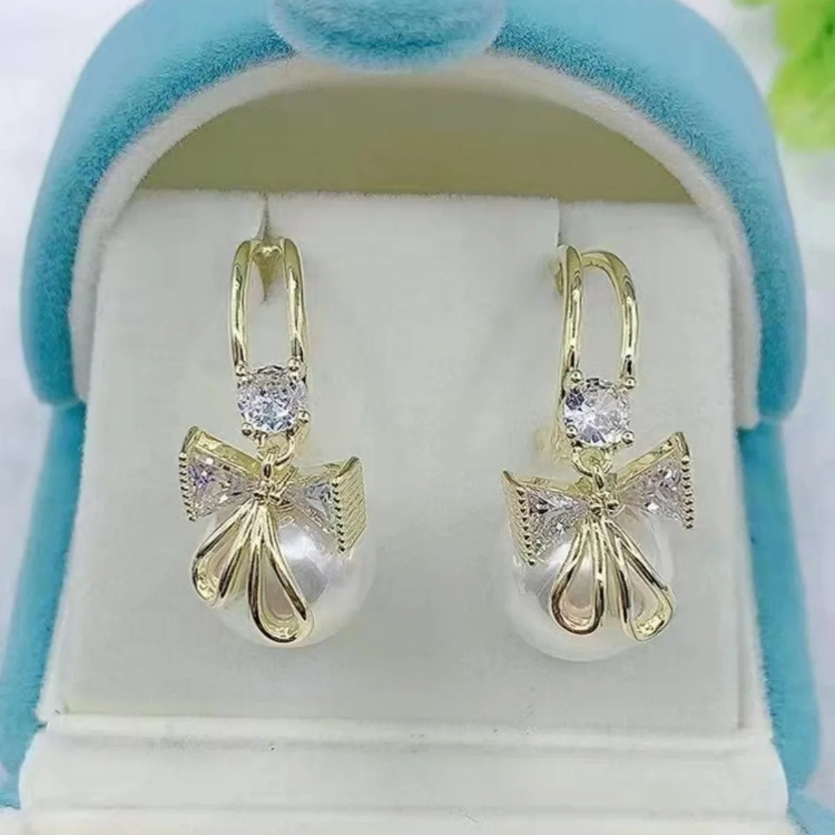 Korean Zircon Bow Drop Earrings with Imitation Pearl Flowers - Smarsty