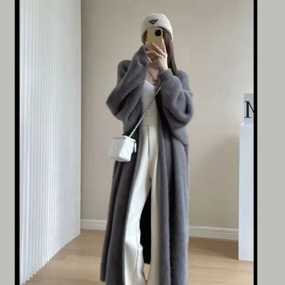 white Long Cardigan for women 2025 new winter clothes Knitted fluffy long sleeve Cashmere sweater coat korean style warm vintage - Smarsty