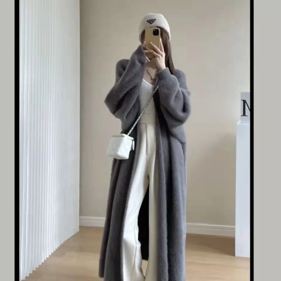 white Long Cardigan for women 2025 new winter clothes Knitted fluffy long sleeve Cashmere sweater coat korean style warm vintage - Smarsty