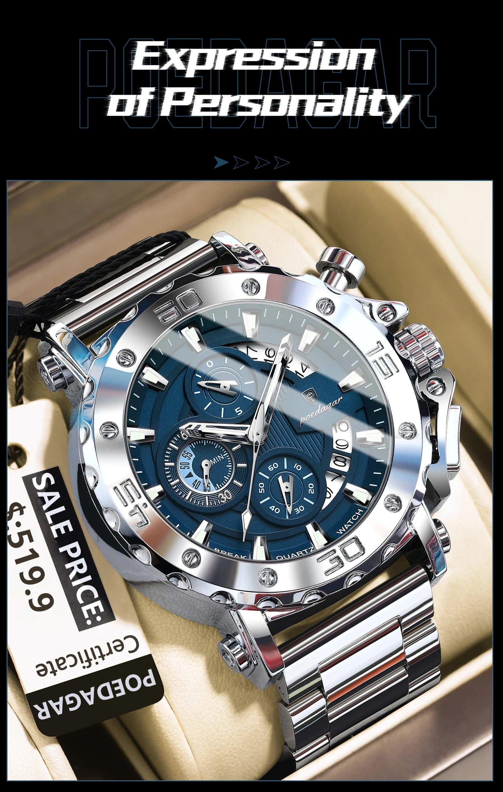 Luxury Waterproof Men's Chronograph Watch with Calendar - Smarsty
