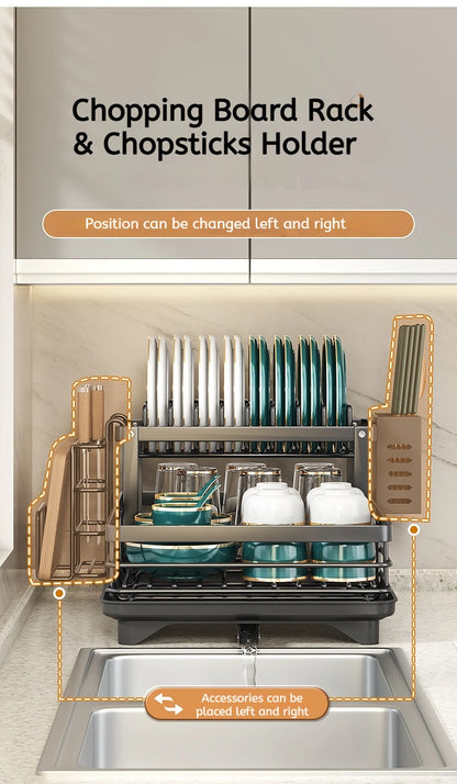 Stainless Steel Dish Drying Rack Adjustable Kitchen Plates Organizer with Drainboard Over Sink Plate Drainer Storage Organizer