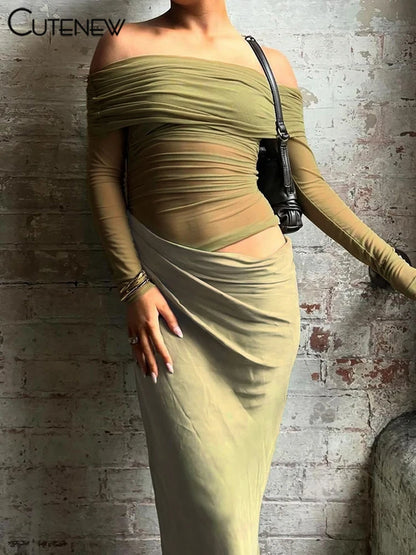 Cutenew Mesh Ruched Women Maxi Dress Sexy See Through Off Shoulder Long Sleeve Sheath Vestidos Female Midnight Party Solid Robe - Smarsty