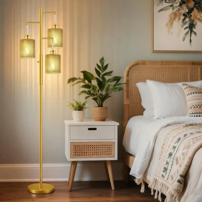 all Dimmable Rattan Floor Lamp with Beige Shade, Industrial Tree Design for Living Room, Bedroom, Office - Includes 3 LED Bulbs