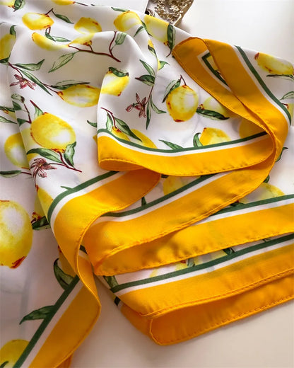 Summer Satin Neck Scarf for Women with Bright Lemon Print - Smarsty