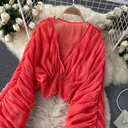 Women Sexy Chiffon Short Blouse Female See Through Super Long Sleeve Blusas Purple/Green/Black/White Folds Party Tops 2022 New - Smarsty