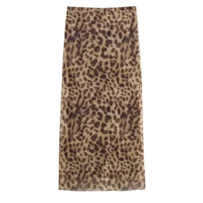 Women Leopard Tulle Midi Skirt 2024 Summer Fashion High Waist Elasticated Waistband Long Skirts Streetwear - Smarsty