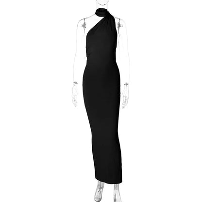 Hugcitar One Shoulder Backless Adjustable Scarf Loop Ruched Sexy Maxi Dress Women Elegant Y2K Streetwear Festival Outfit - Smarsty