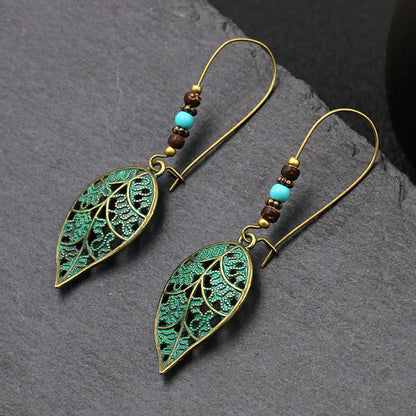 Vintage Bohemian Big Drop Earrings with Geometric Leaf Design - Smarsty