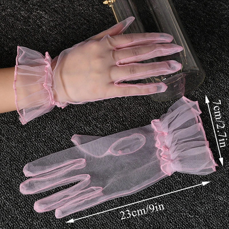 Women Lace Tulle Gloves Stretchy Full Finger Wedding Gloves - Smarsty