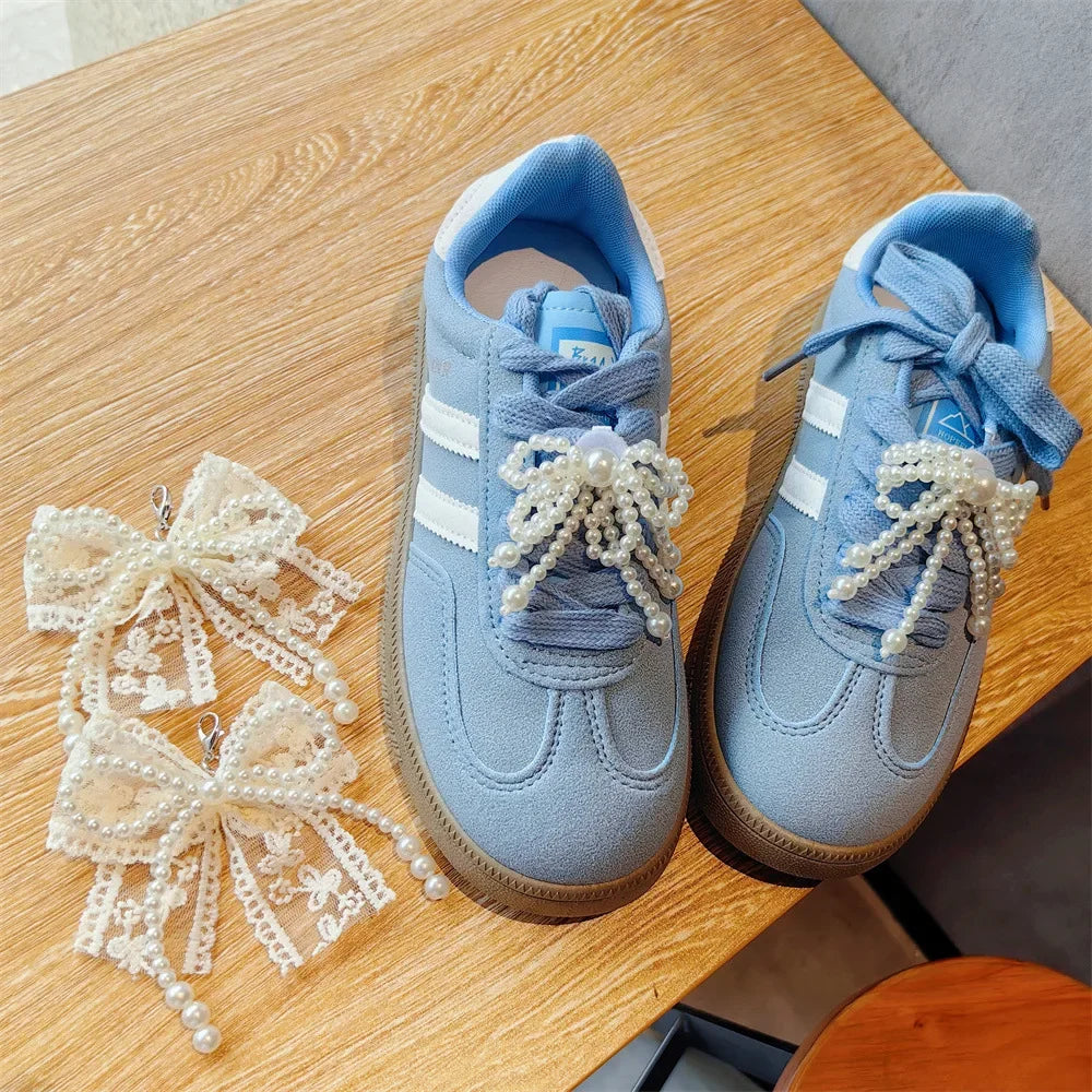 Fashion Lace Pearl Bow Shoe Laces Shoe Flower Buckle Premium Decorative Shoe Charm Accessories Charms for Sneakers Decorative