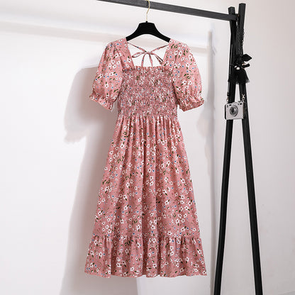 Summer Pleated Women Chiffon Dresses Casual Beach Holiday Short Sleeve Square Collar Woman Midi Dress Bohemian Mujer Vestidos - Smarsty
