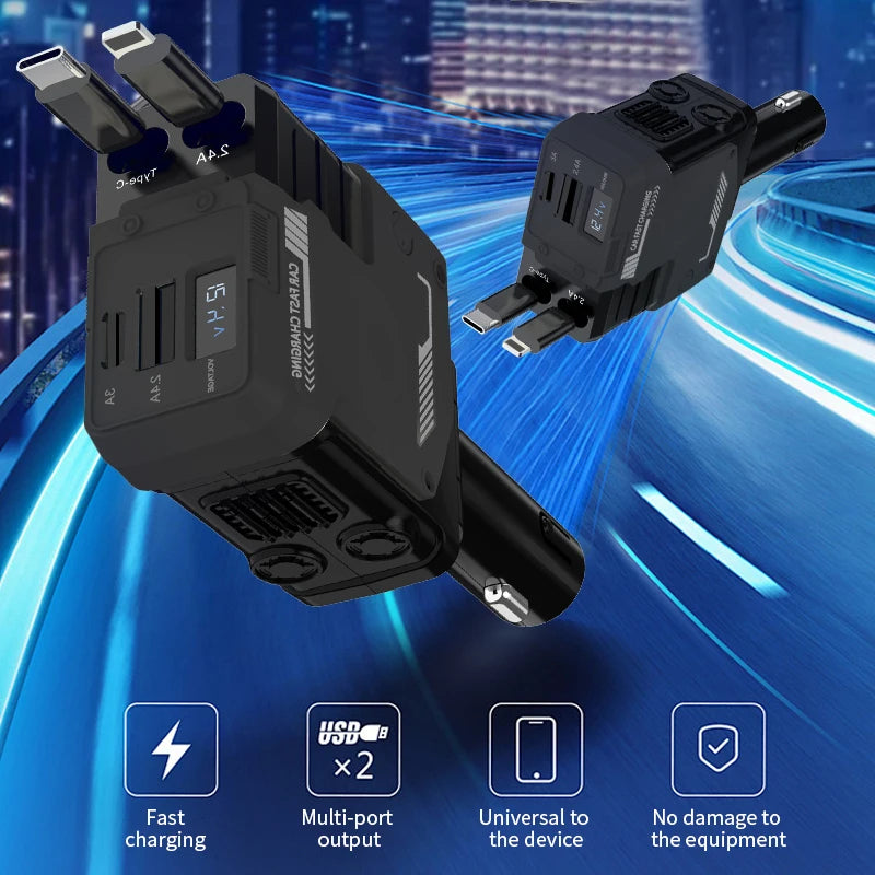 The new 120w4-in-1 retractable car fast charger, adapter, USB is suitable for all models of Apple, Samsung, Huawei, and Android