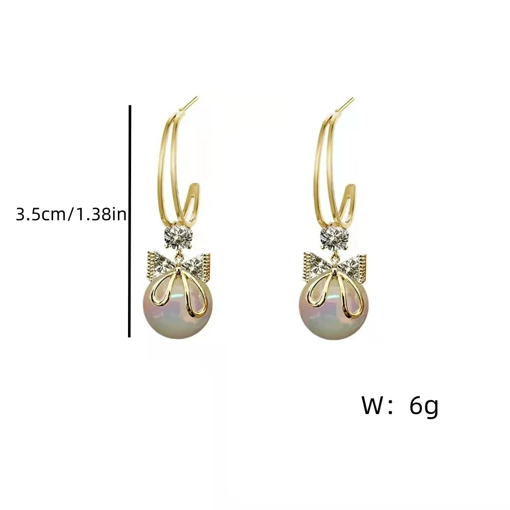 Korean Zircon Bow Drop Earrings with Imitation Pearl Flowers - Smarsty