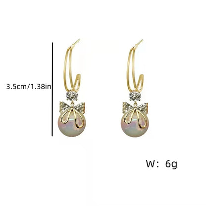 Korean Zircon Bow Drop Earrings with Imitation Pearl Flowers - Smarsty