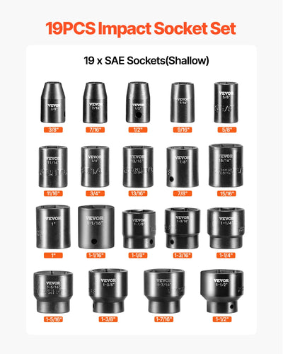 SucceBuy Impact Socket Set 1/2 Inches 19 Piece Impact Sockets Standard Socket Assortment 1/2 Inches Drive Socket Set