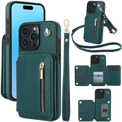 Card Slots Zipper Leather Wallet Case Flip Phone Case for IPhone 11 12 13 14 Ring Lanyard Purse by Smarsty