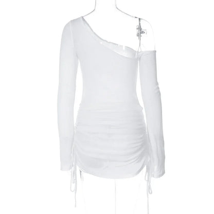 ALLNeon Fairycore White Perspective Oblique Shoulder Long Sleeve Mini Dress Hotsweet Shirring Hipster Dresses Sexy Clubwear Y2K - Smarsty