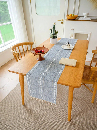 Boho Green Table Runner with Rustic Tassels - Smarsty
