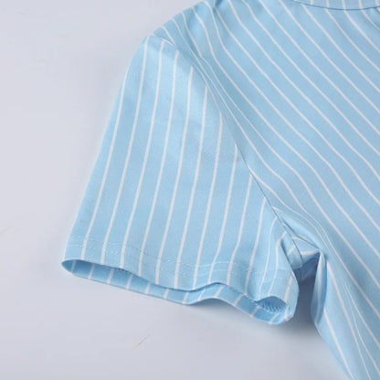 Sweetown Blue Stripe Short Sleeve Shirts For Women Button Up Turn Down Collar Slim Simple Casual Preppy Tops Basic Summer Tees - Smarsty