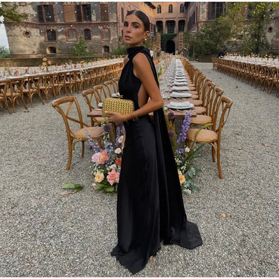 Elegant Solid Ribbon Women Halter Dress Off Shoulder Sleeveless Backless Slim Female Maxi Dresses 2025 Summer New Chic Lady Robe - Smarsty