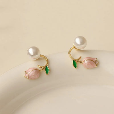 Elegant Rose Stud Earrings With Imitation Pearl Pink Tulip - Smarsty