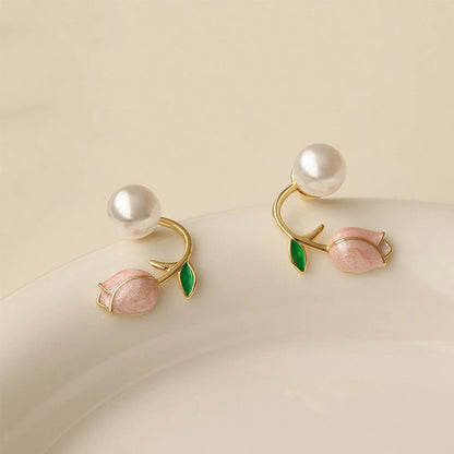 Elegant Rose Stud Earrings With Imitation Pearl Pink Tulip - Smarsty