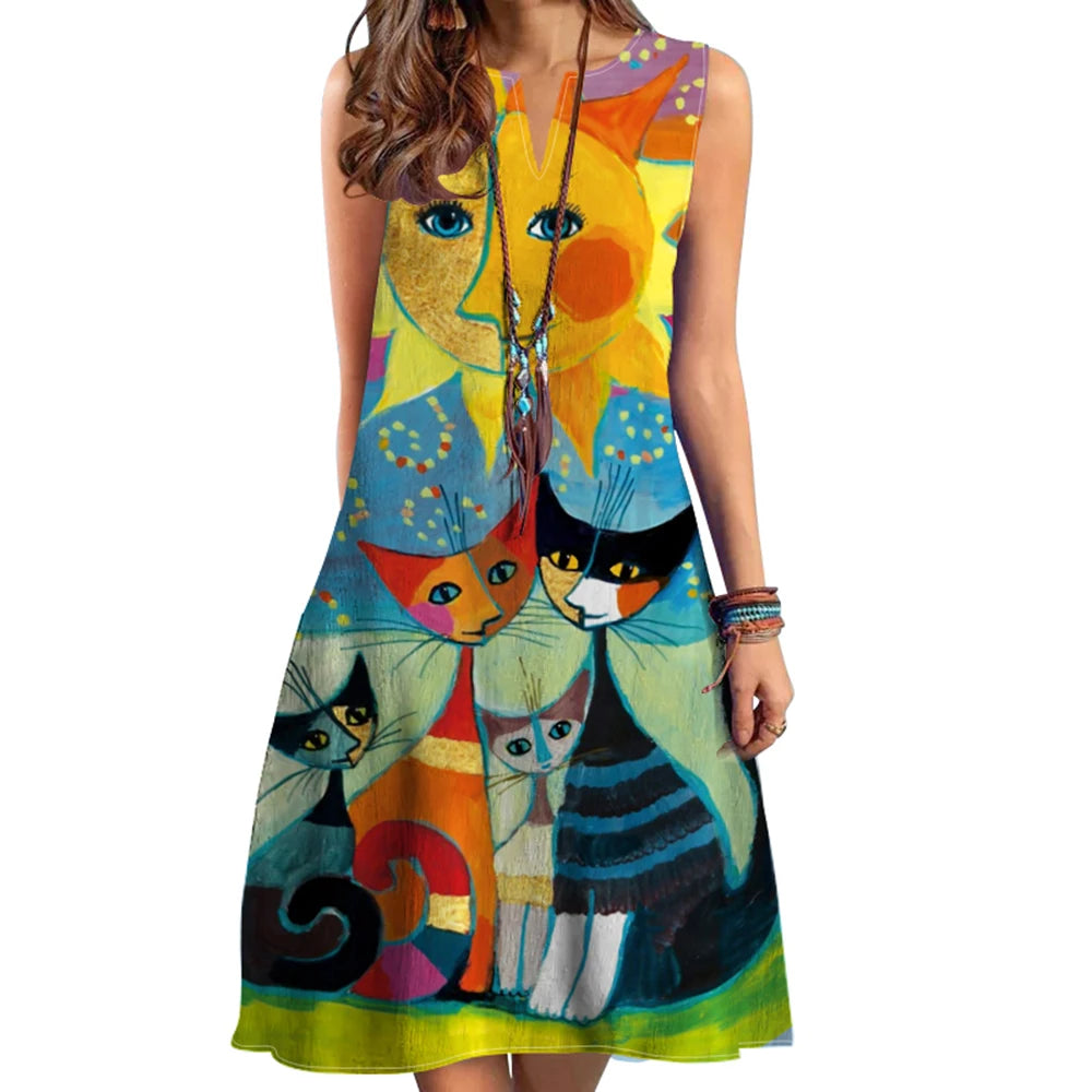 2024 European and American Cross Border Women's New Dress V-neck Sleeveless Sexy Printed Large Hem Foreign Trade Dress - Smarsty