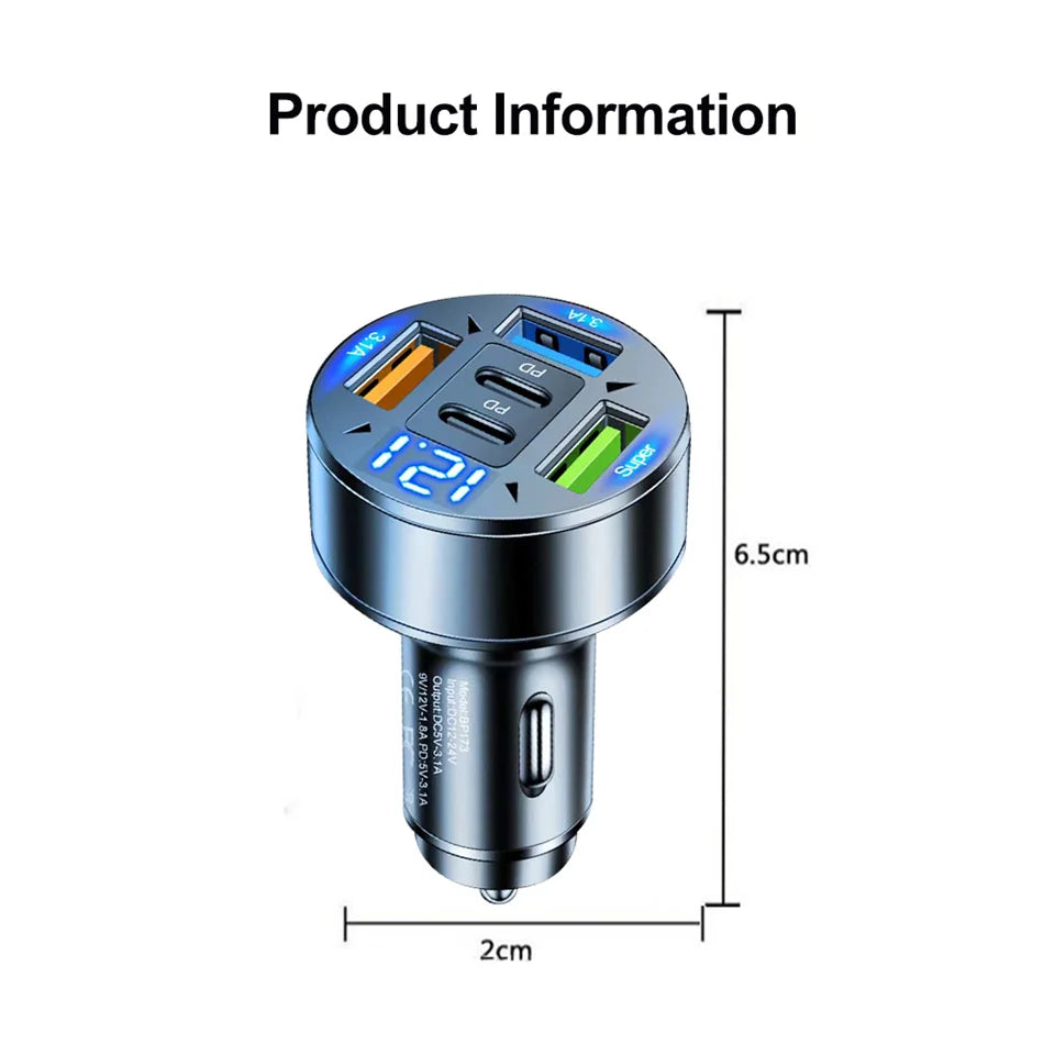 Car Charger 250W 5 Ports Fast Charging PD QC3.0 USB C Car Phone Charger Adapter With Voltage For iPhone Samsung Huawei Xiaomi